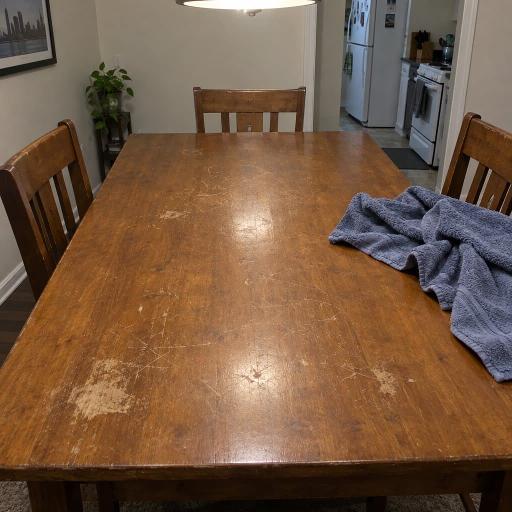 A scratched wooden dining table with a crumpled towel pushed to one side, viewed from the end of the table