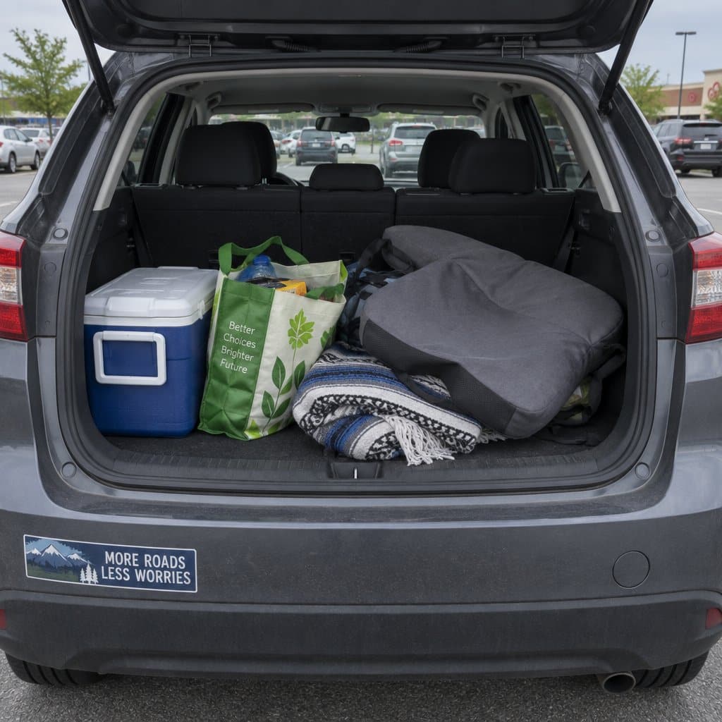 An open car trunk in a parking lot with a crumpled seat cushion tossed on top of a cooler, blanket, and shopping bag