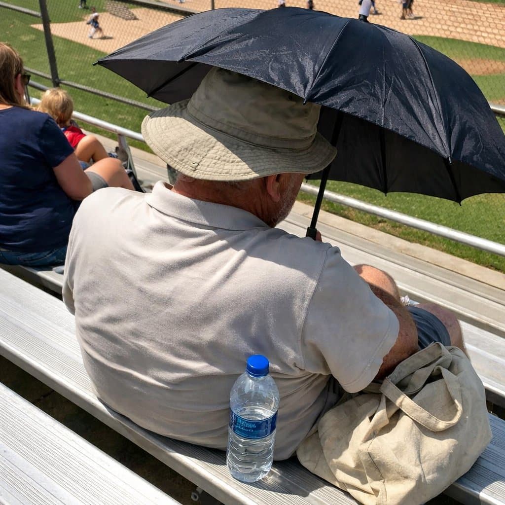 An older man in a wide-brim hat holds an open compact umbrella over his shoulder while sitting on bleachers in direct sun watching a game