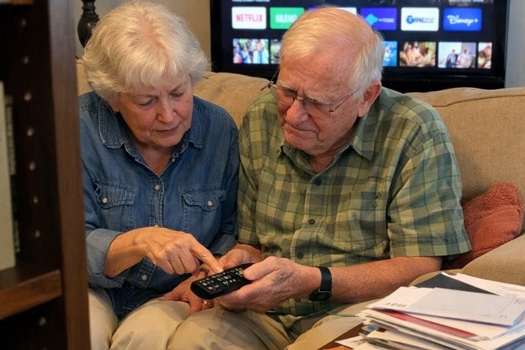 An older couple sitting together on a sofa looking at a TV remote between them, one pointing at a button while the other shakes their head, with a streaming app on the TV screen behind them and a stack of mail on the end table