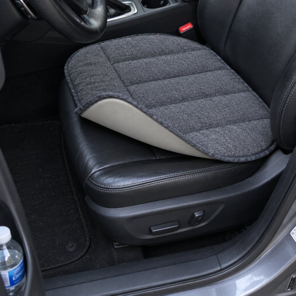 The underside of a seat cushion curling up at the front edge on a leather car seat, revealing a smooth foam backing with no rubber grip