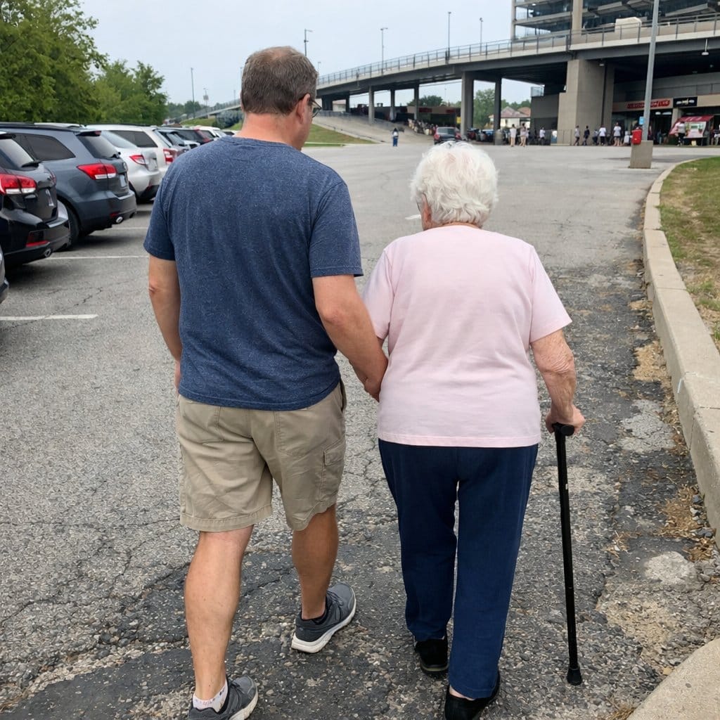 An adult man walks slowly beside an older woman with a cane across a parking lot toward a stadium entrance in the distance