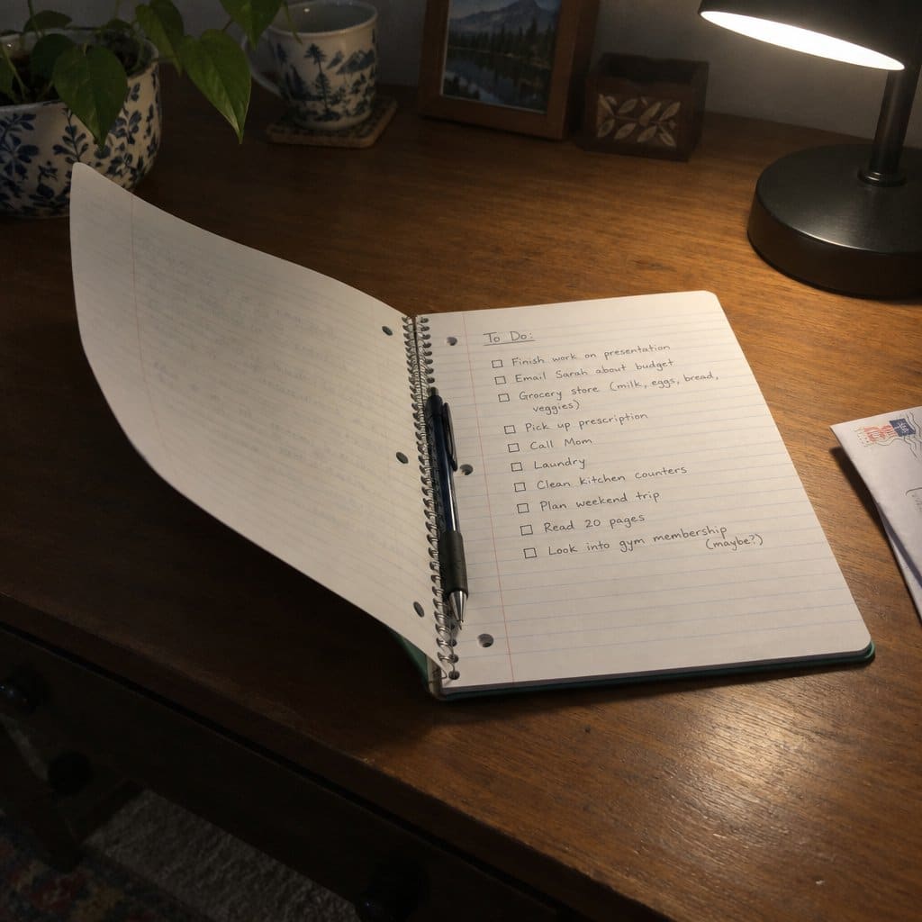 An open spiral notebook on a desk with its left page curling up off the surface and a handwritten to-do list visible on the right page