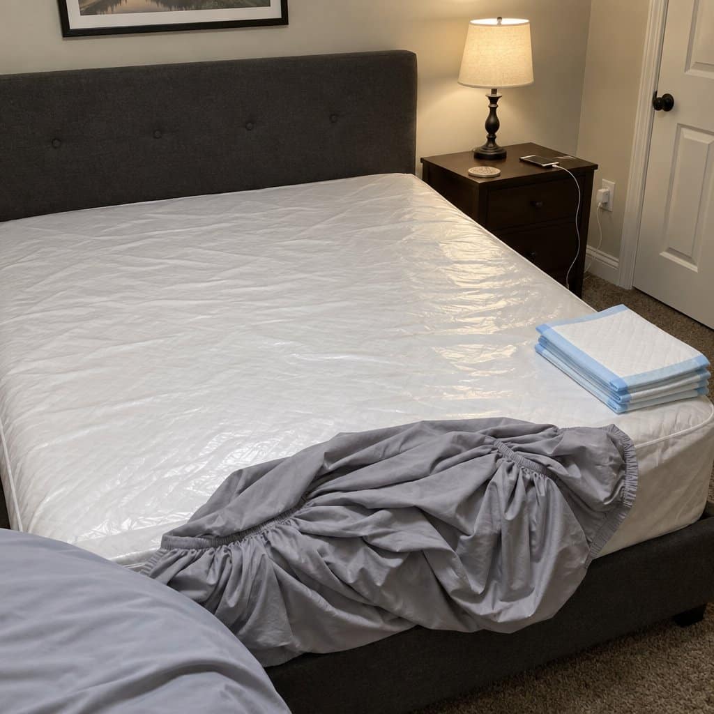 A stripped bed with a waterproof mattress protector exposed, fitted sheet bunched at the foot, and folded bed pads on the corner of the mattress
