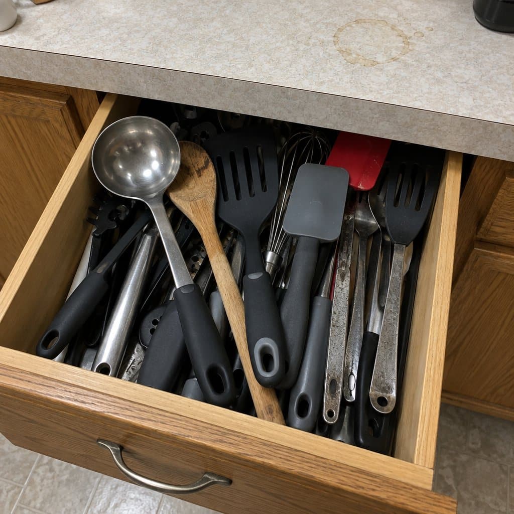 A half-open kitchen utensil drawer showing a mix of wide-handled ergonomic utensils and narrow metal ones jumbled together