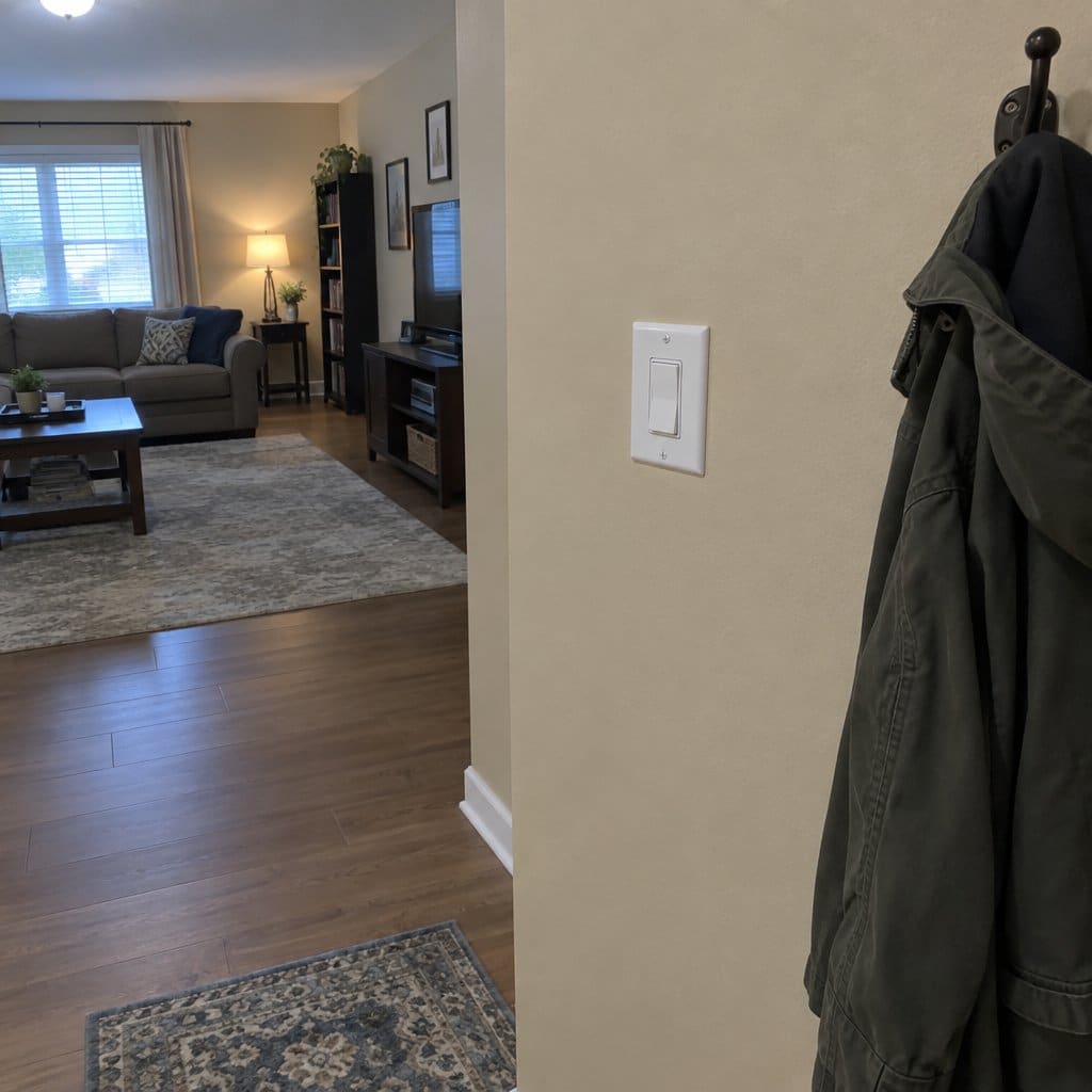 A wall light switch near a doorway with a lamp visible on the far side of the living room in the background