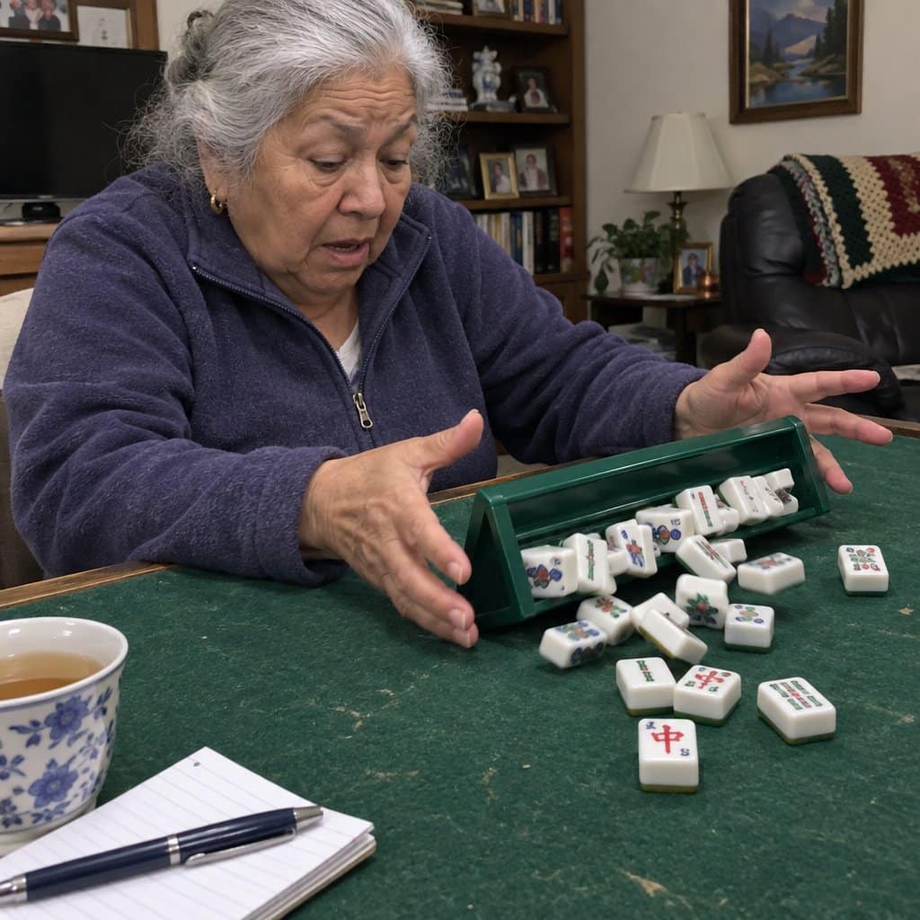 An older woman with silver hair reaches out with both hands to catch a tipping mahjong tile rack as tiles begin to fall forward off the front edge