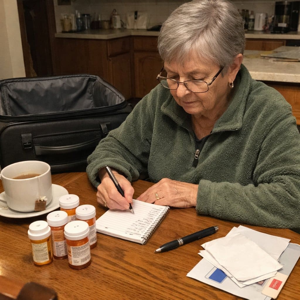 An older woman with reading glasses sits at a kitchen table looking down at a handwritten list, with prescription bottles in front of her and an open carry-on bag beside her
