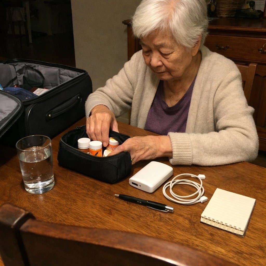 An older woman standing at a dining table, organizing prescription bottles, a power bank, and a charger cable next to an open carry-on bag