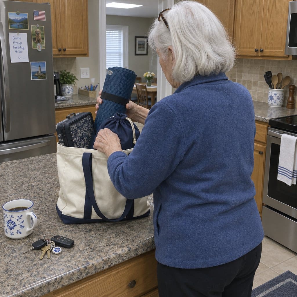 An older woman with white hair packing a rolled mat and its drawstring bag into a canvas tote bag on a kitchen counter