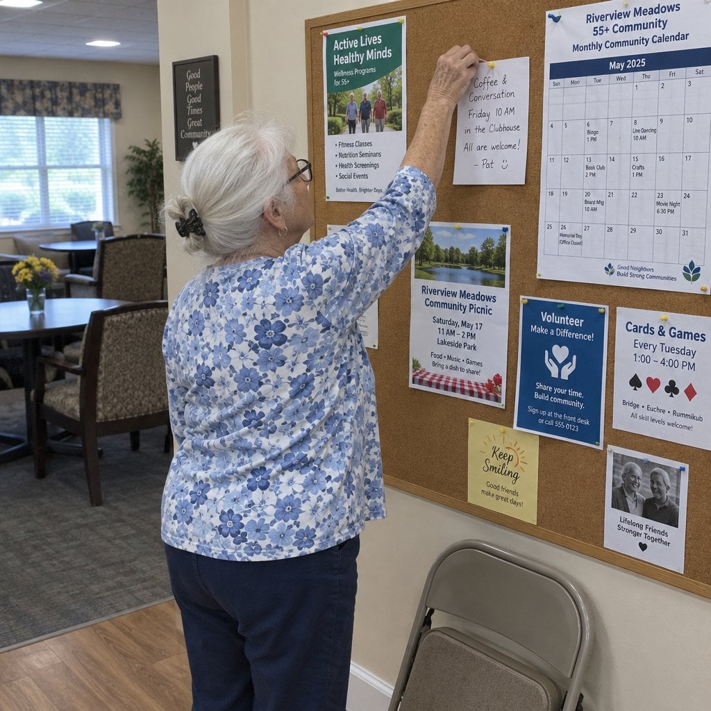 An older woman with white hair pins a handwritten note to a community bulletin board in a 55+ common room