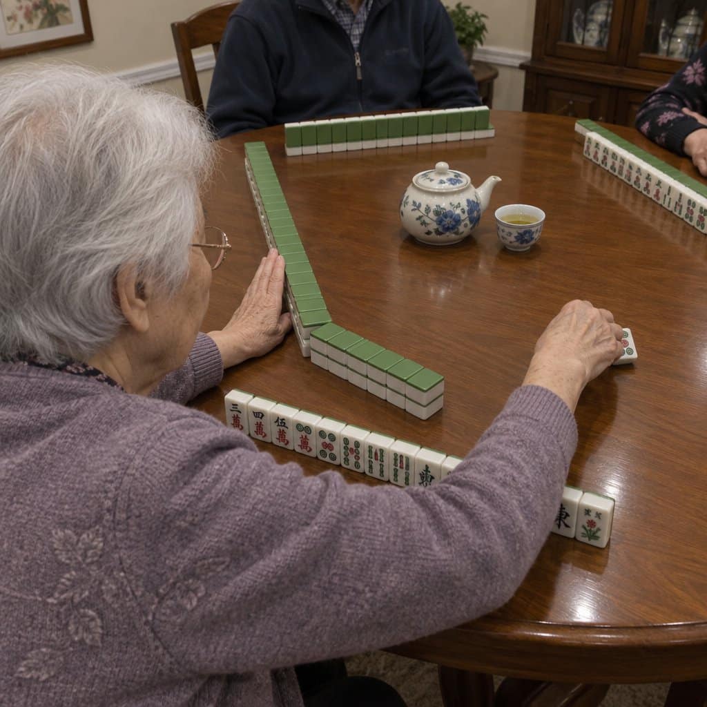 An older woman with white hair and glasses holds one hand on a drifting mahjong tile wall while reaching across a polished wood table to make a discard