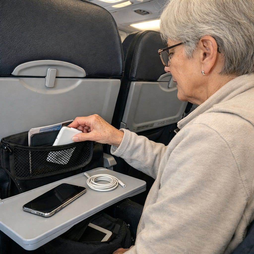 An older woman on an airplane tucking a power bank into the mesh seat pocket in front of her, with a phone and charging cable on the tray table
