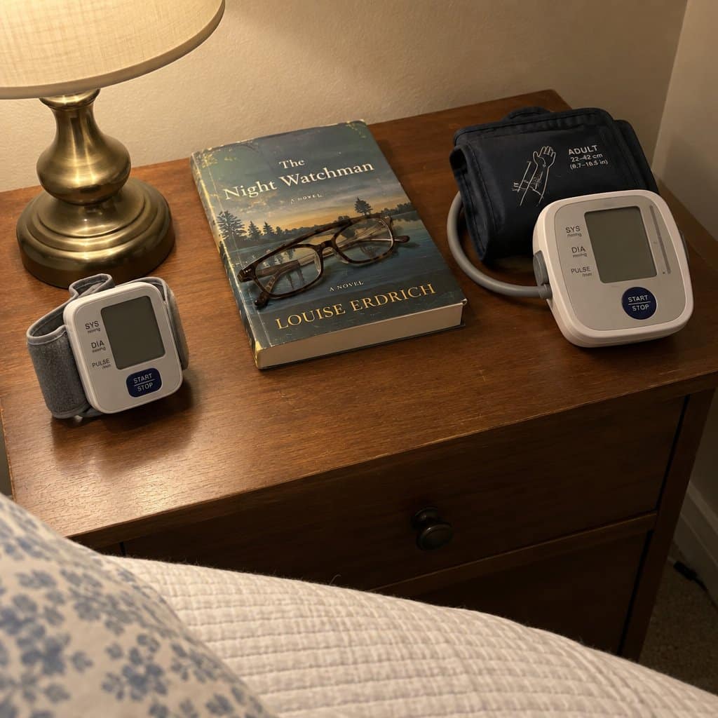 A wrist blood pressure monitor and a traditional upper-arm blood pressure cuff sitting side by side on a nightstand with a reading lamp and glasses