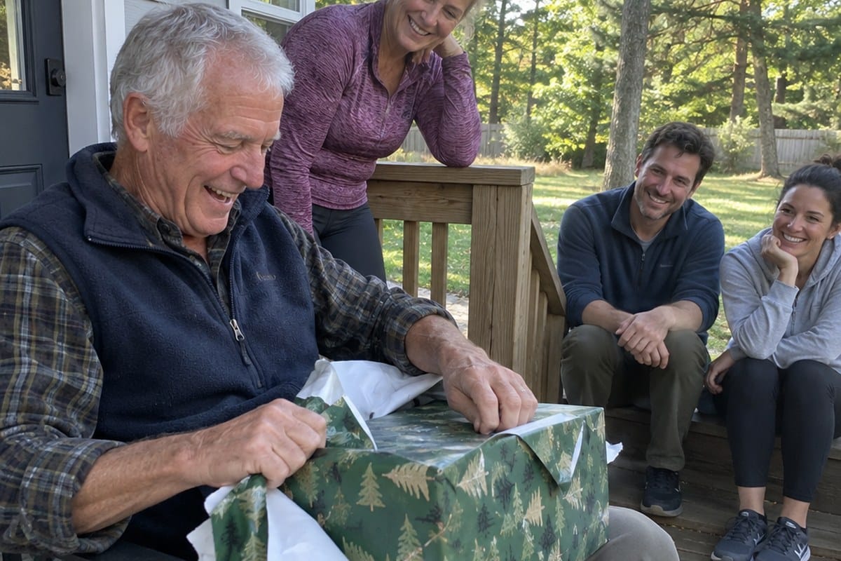 Active senior man unwrapping a present on the back porch while his family watches