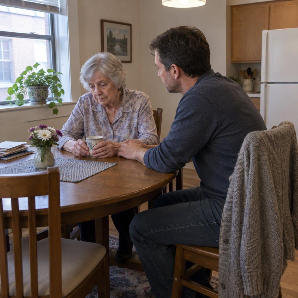 Older woman with tea at a table while her adult son listens beside her