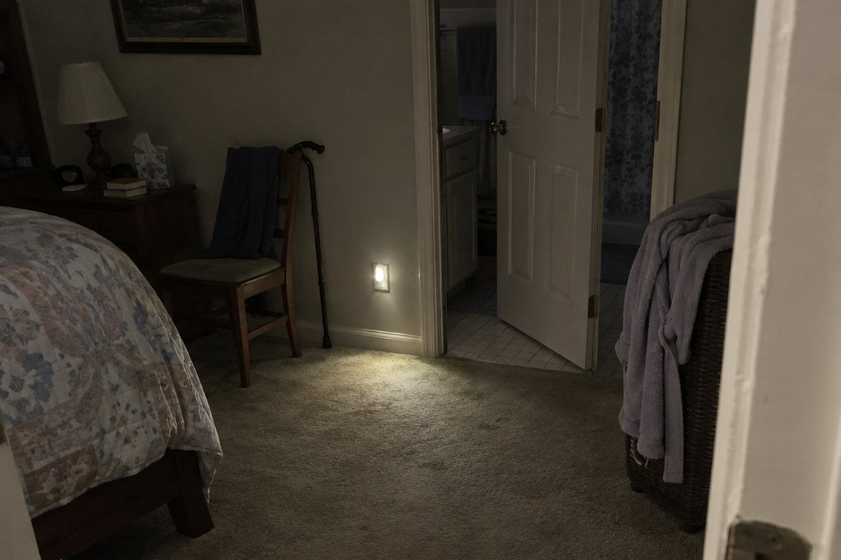 An empty dim hallway between bedroom and bathroom with a low light on the wall and slippers and a cane nearby.
