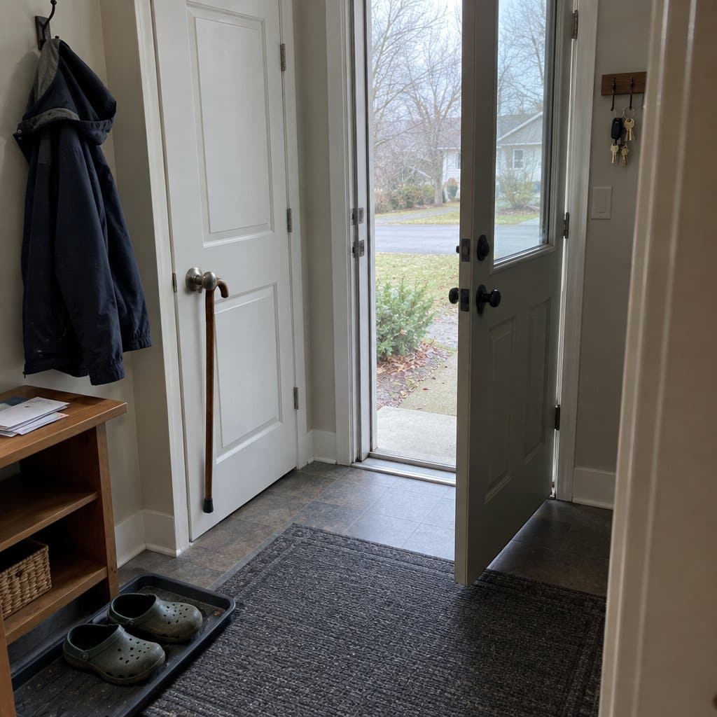 Back door entry with keys on a rack, a cane on a hook and garden shoes on a tray