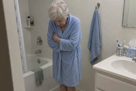 Older woman in a robe hunched with arms crossed on a bath mat beside the tub in a cool bathroom
