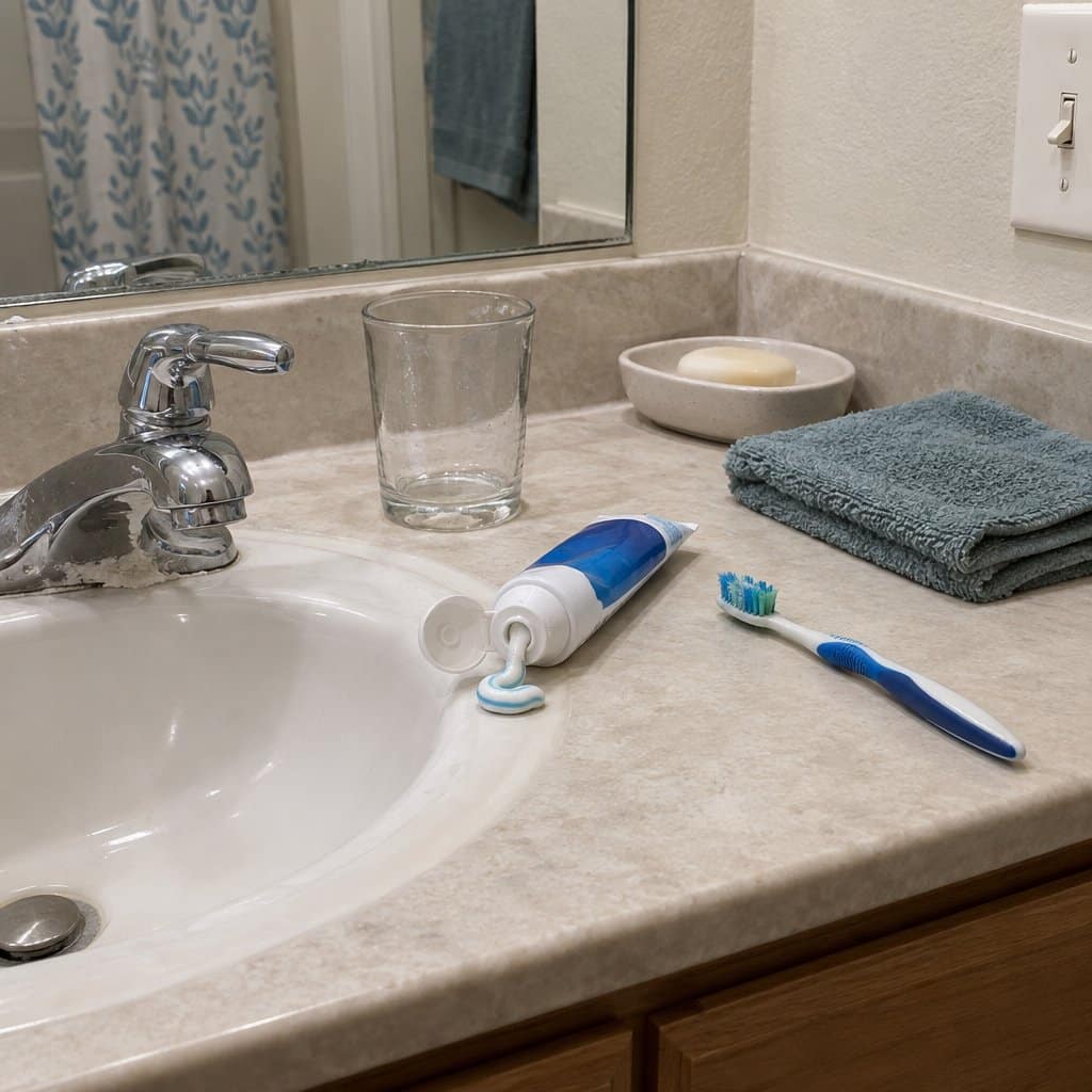 Bathroom counter with an open toothpaste tube, toothbrush and glass beside the faucet