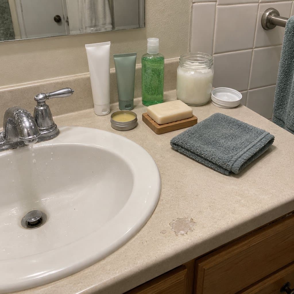 Bathroom counter with unlabeled tubes, a tin of balm, aloe gel and coconut oil
