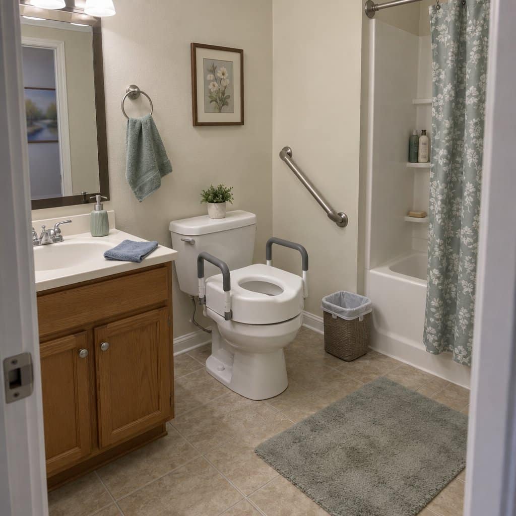 Home bathroom with a raised toilet seat with handles and a wall grab bar beside the toilet