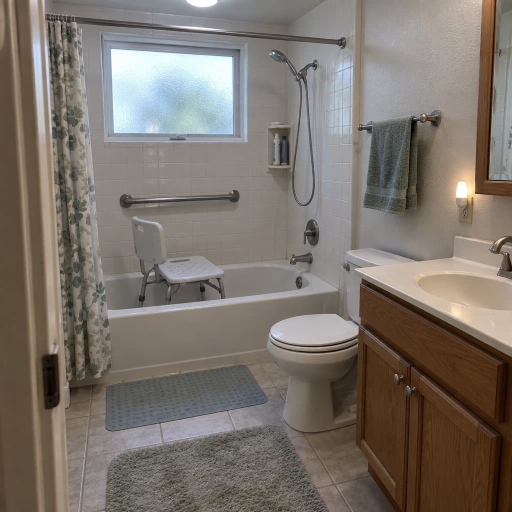 Empty bathroom with a grab bar on the wall, a shower chair in the tub and a mat on the floor