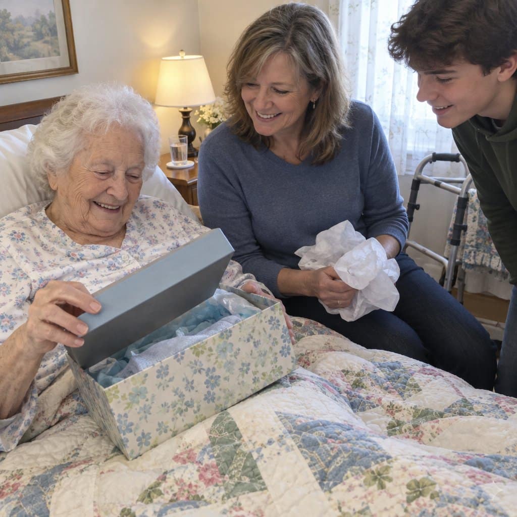 Older woman in bed smiling as she opens a gift box with her daughter and grandson beside her