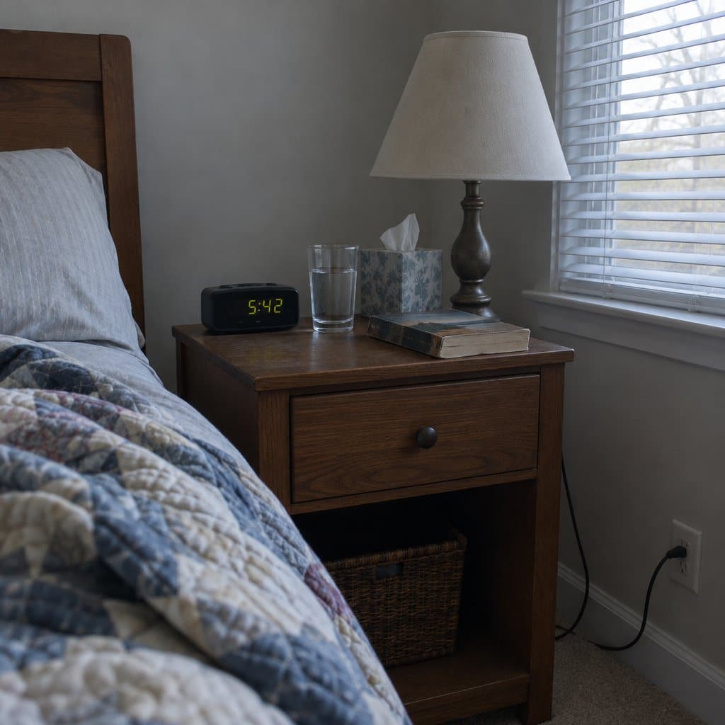 Nightstand with a glowing digital alarm clock, water glass and paperback in a dim bedroom