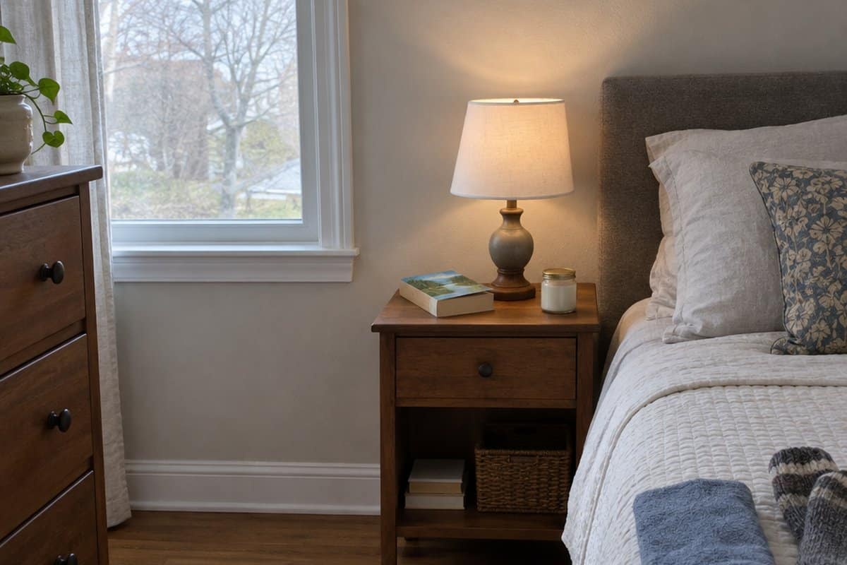 Bedroom floor with slippers, socks and a folded towel beside a bed and nightstand