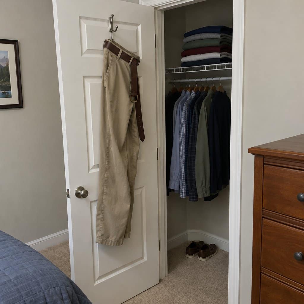 Khaki pants hanging on a closet door with a buckle belt half threaded through the loops