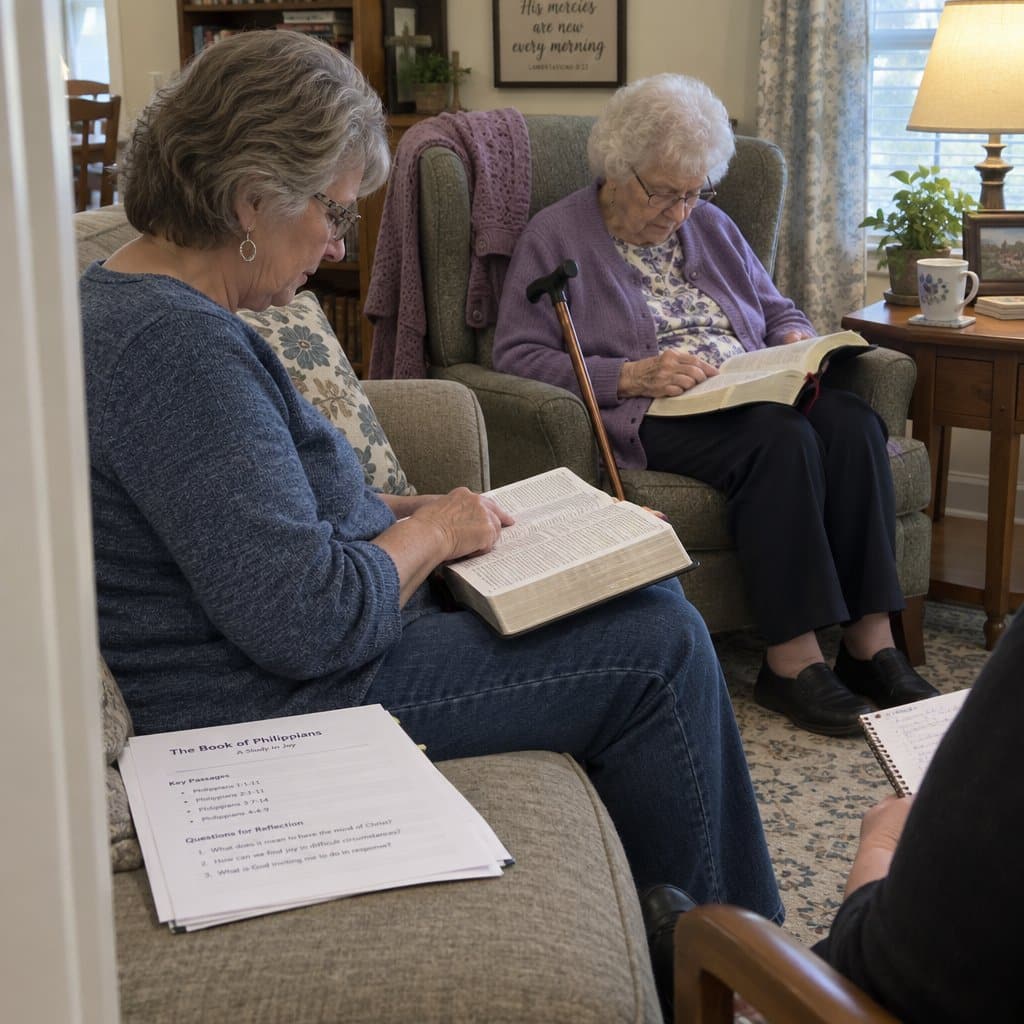 Two older women seated in a living room look down at open Bibles in their laps during a small group study, one with a cane propped beside her, study papers visible nearby