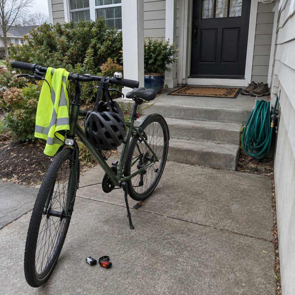 Bicycle in a driveway with a reflective vest, bell and helmet hanging on the handlebars