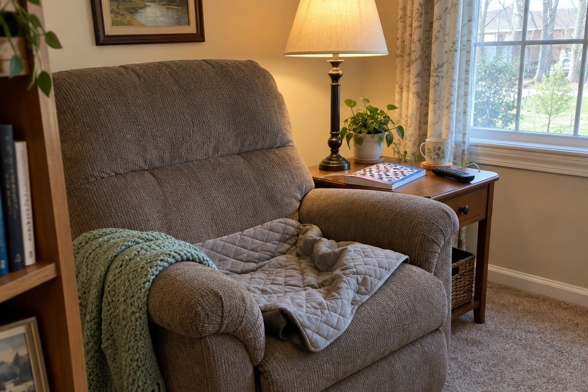 Recliner chair with a quilted seat pad slid forward and bunched up on the seat