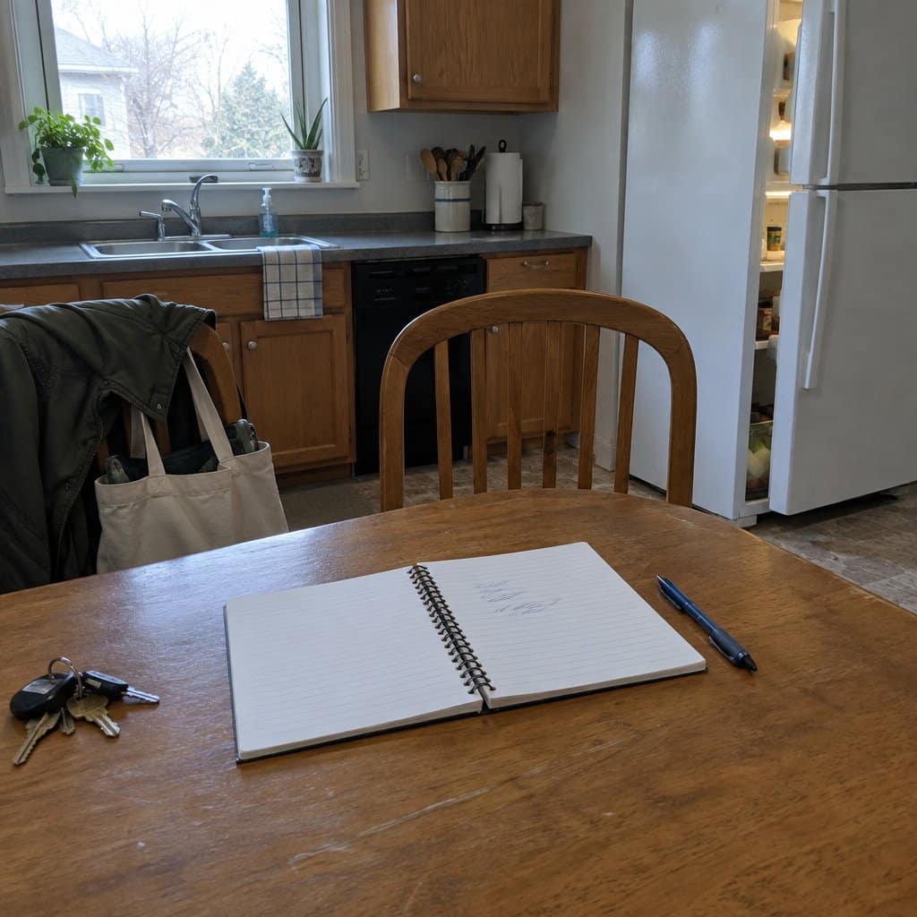 Open notebook with handwritten notes on an empty kitchen table beside keys and a jacket
