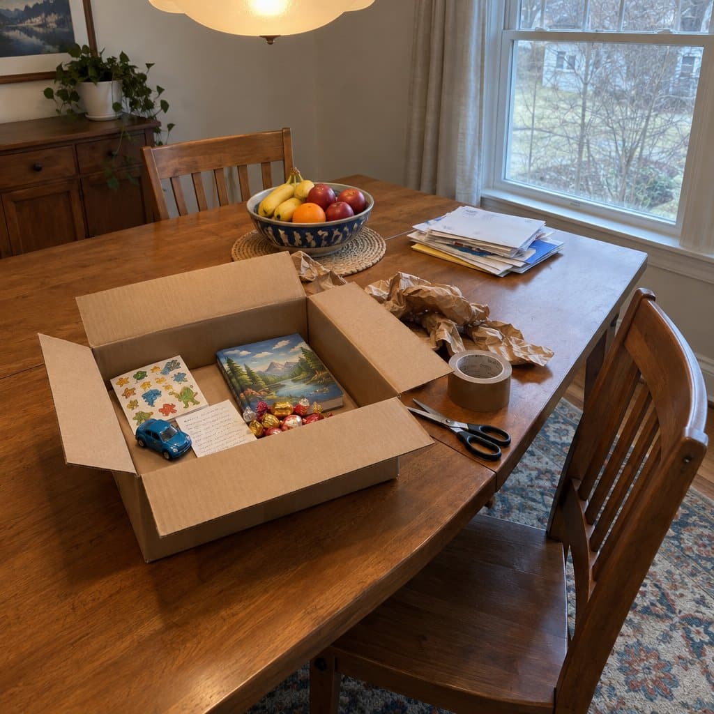 Open cardboard box with a toy car, stickers, a book and a note on a dining table