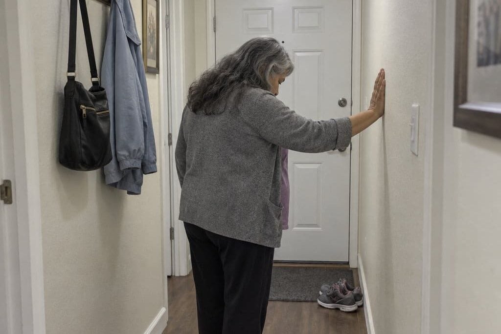 An older woman standing in a home hallway with one hand braced against the wall, looking down at the floor, a coat hook with a bag and jacket visible behind her