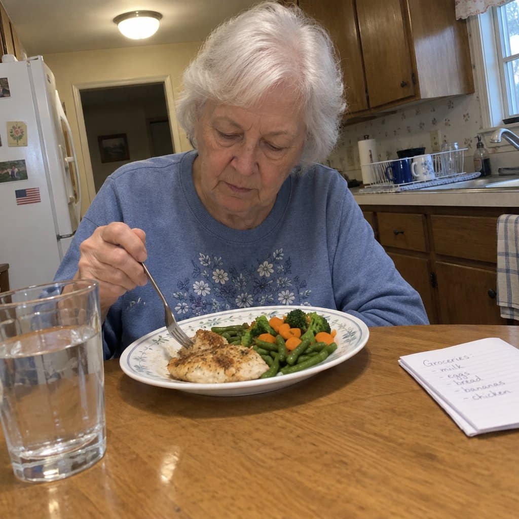 An older woman sitting at a kitchen table eating a plate of food with protein and vegetables, a glass of water and handwritten notes nearby, overhead light on
