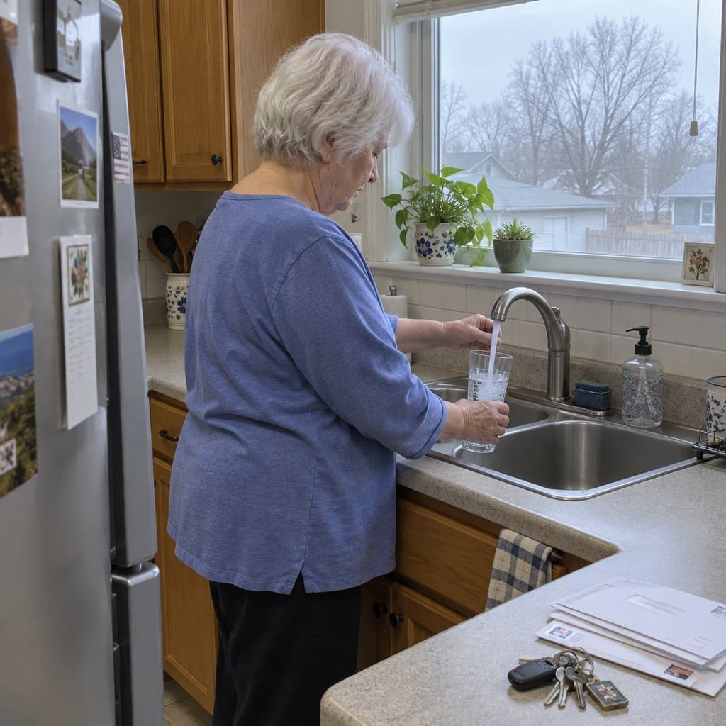 An older woman with short white hair filling a tall glass of water at a kitchen sink, looking down at the glass, mail and keys visible on the counter nearby