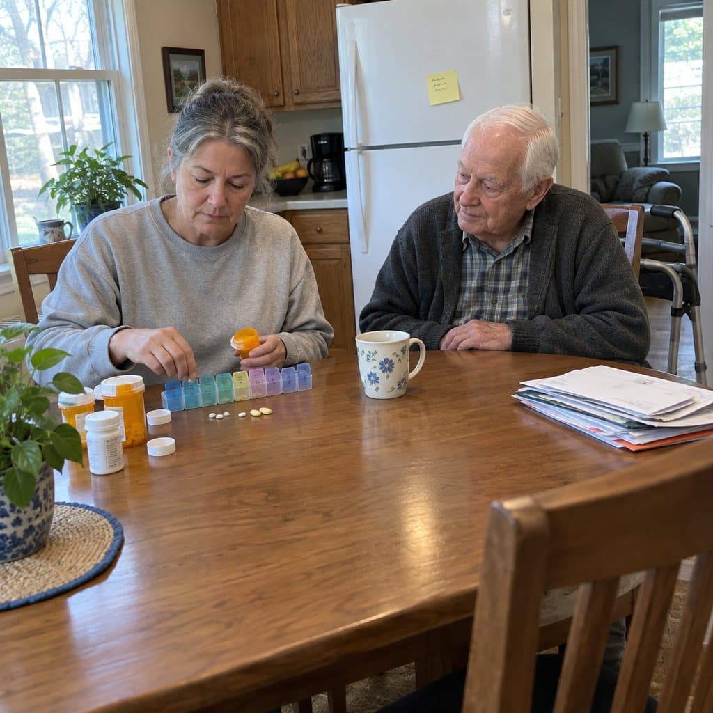 Woman filling a weekly pill box at a dining table while an older man with a walker watches