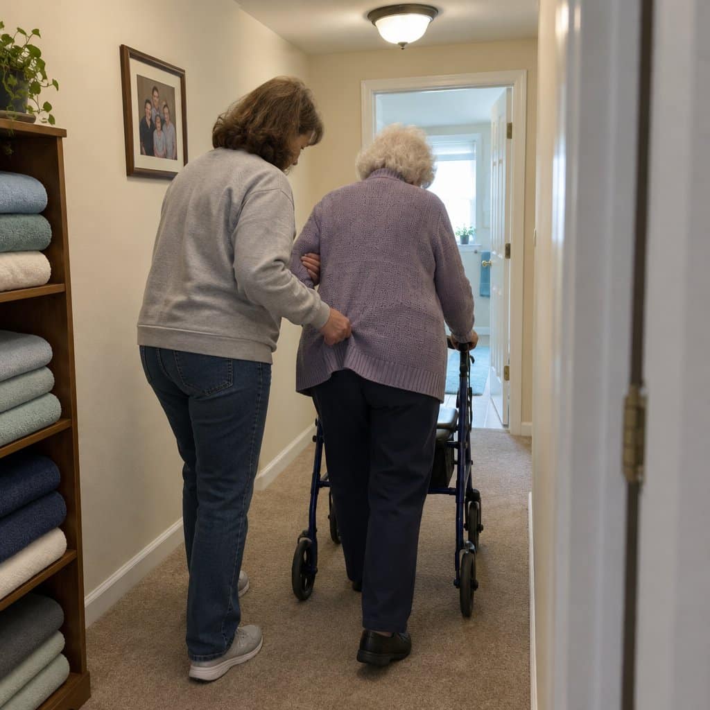 Daughter holding her elderly mother's arm and cardigan as the mother walks with a walker down a hallway toward a bathroom