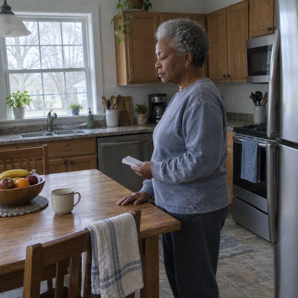 A woman at a kitchen table looks down at a few small cards in her hand in the morning.