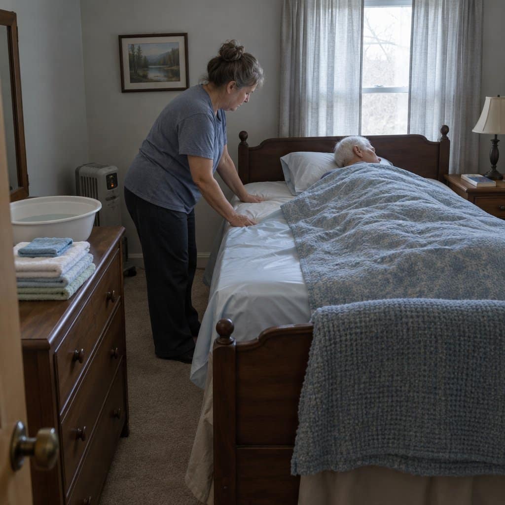 Caregiver smoothing a waterproof sheet on a bed beside an older man resting under a blanket, with towels and a basin nearby.
