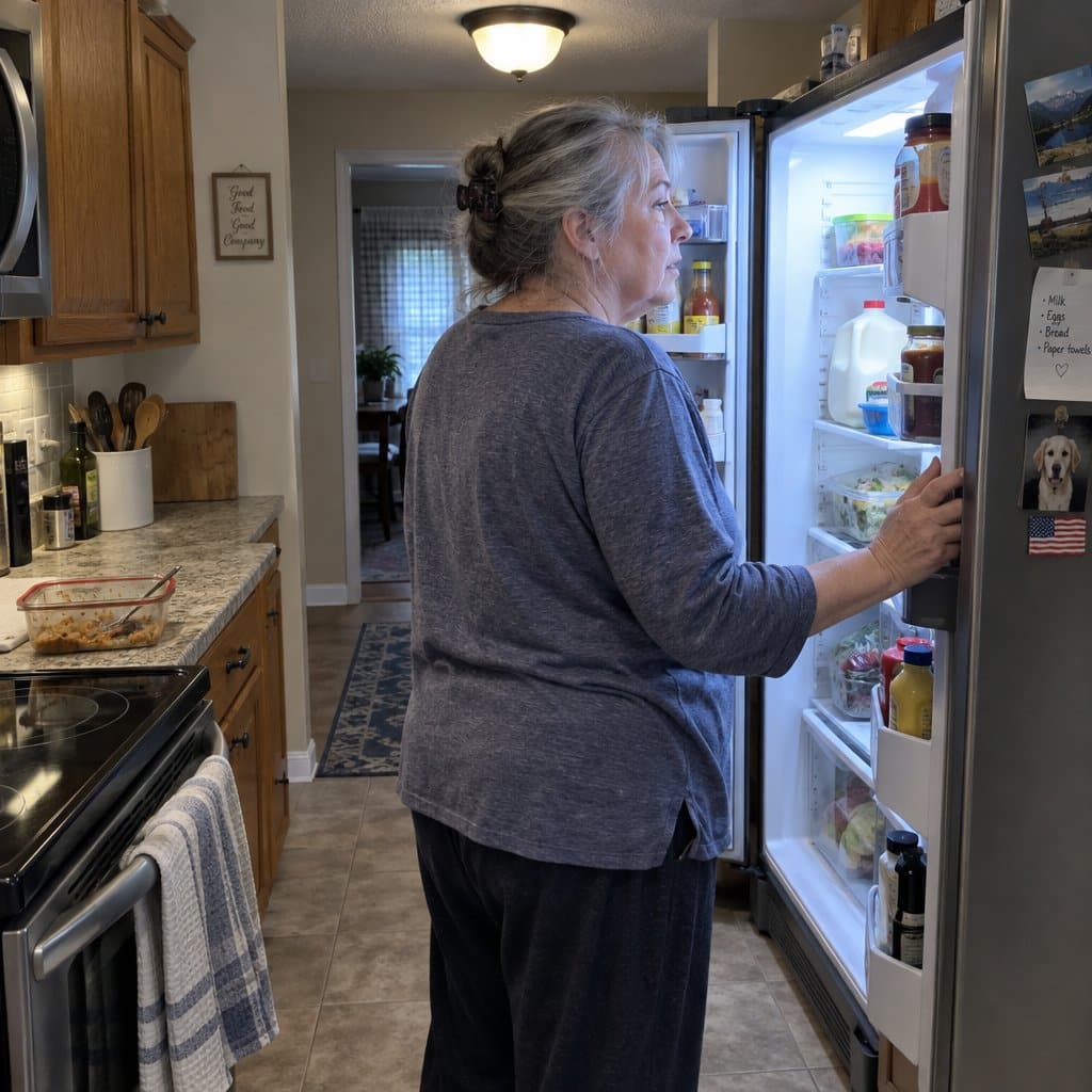 An older woman standing at an open refrigerator in a home kitchen, looking inside with a tired expression, photographed from slightly behind and to her left