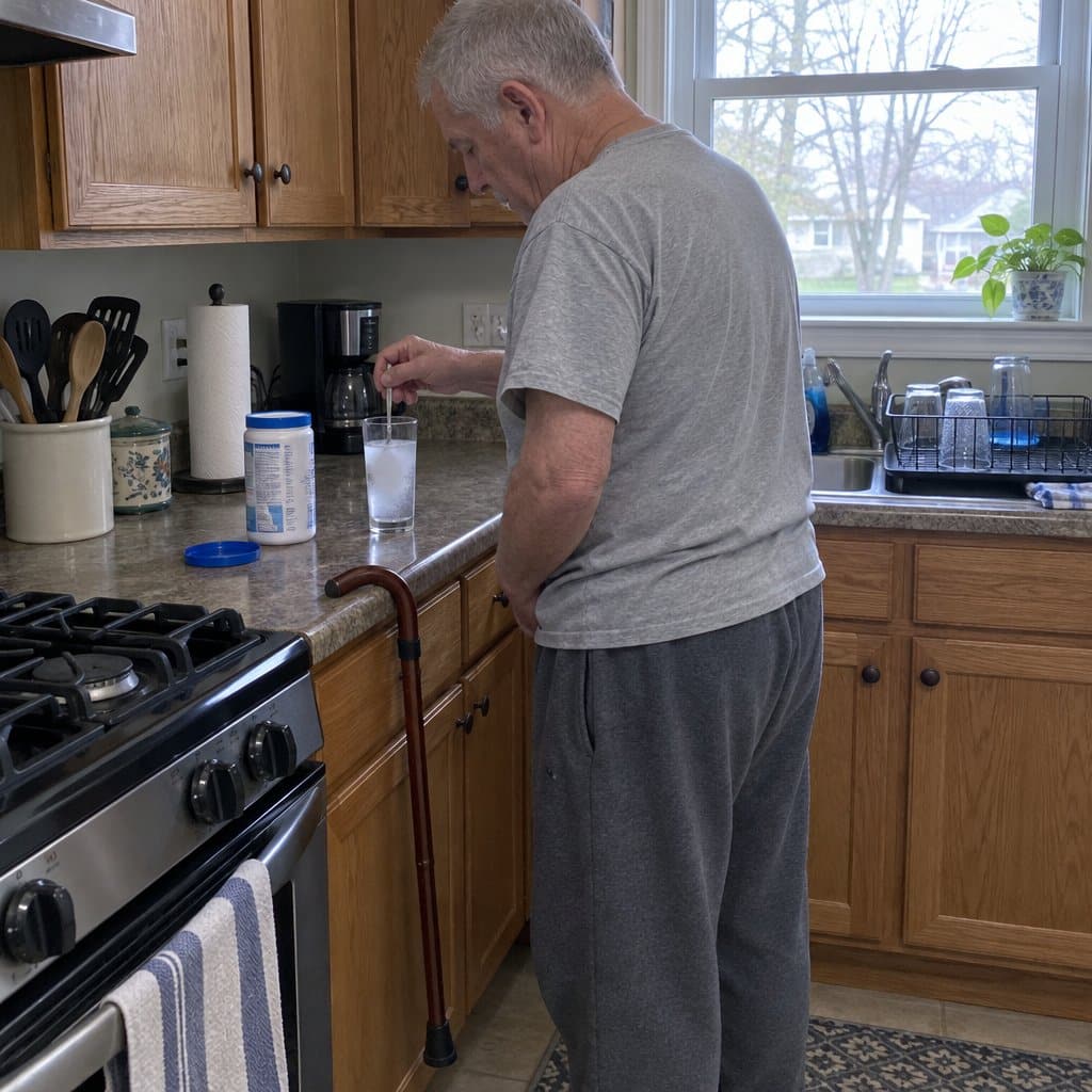An older man with a cane hooked over the counter edge stirring powder into a tall glass of water on a kitchen counter, looking down at the glass, glasses drying in a rack nearby