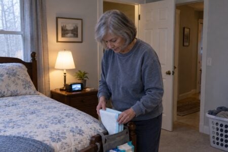 Woman placing a folded bed pad into a caddy hanging on the side of a bed