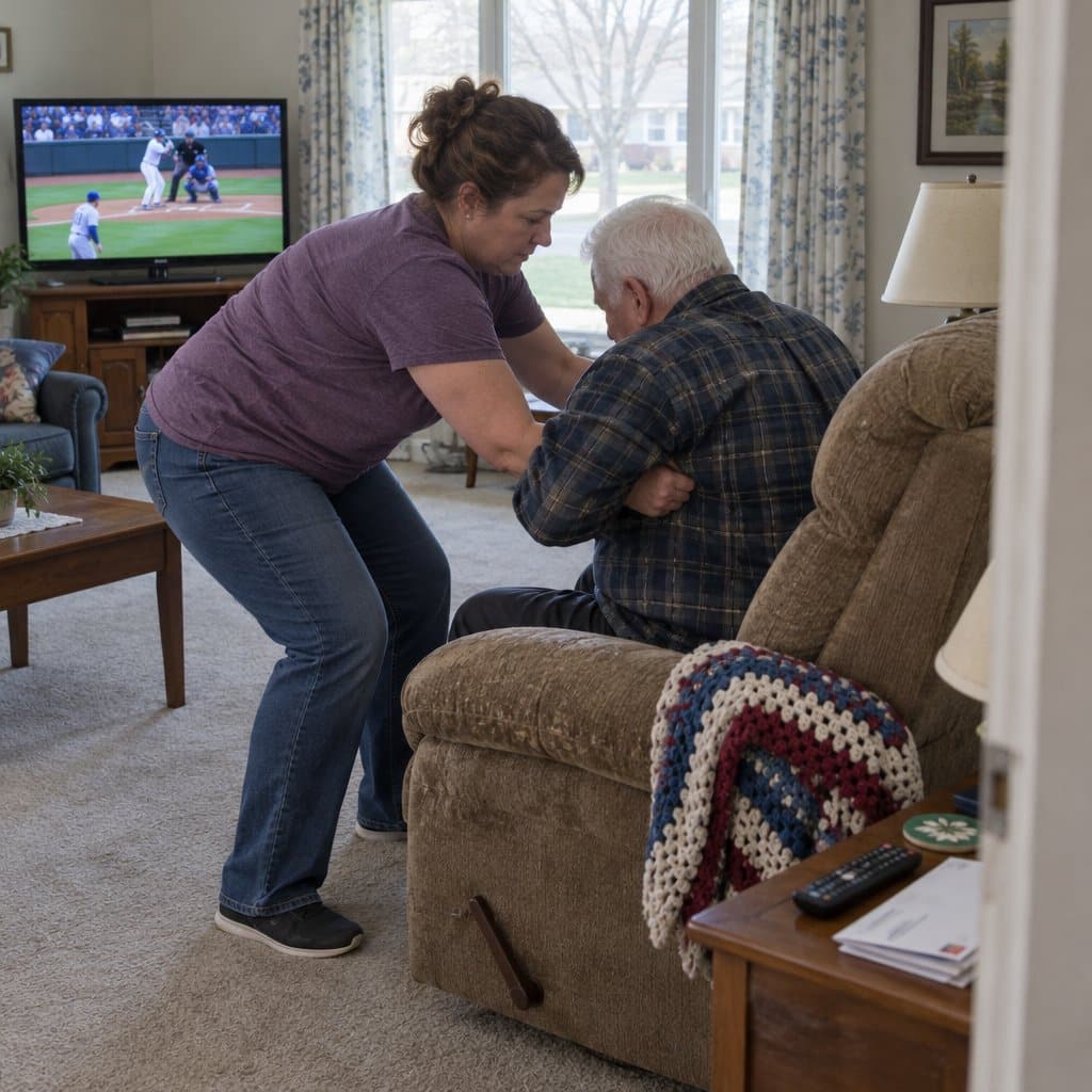Woman bending forward to pull an older man up from a recliner in a living room