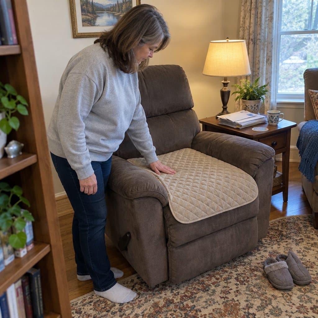 Woman pressing on a quilted chair pad laid across a recliner seat in a living room