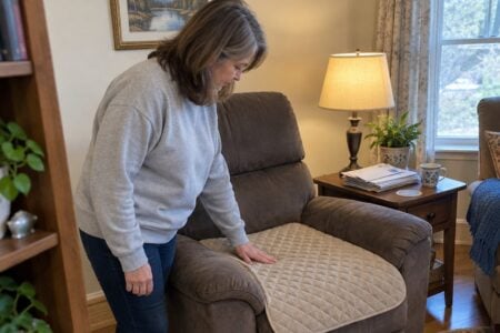 Woman pressing on a quilted chair pad laid across a recliner seat in a living room