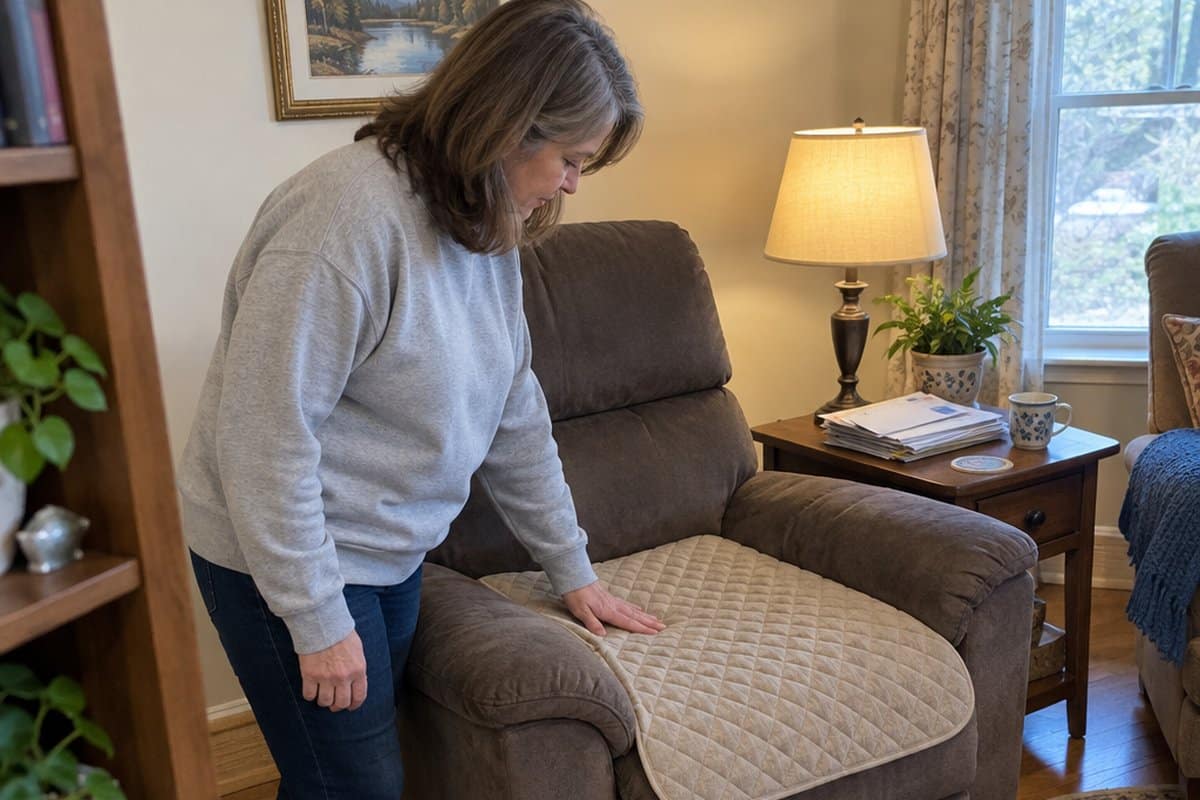 Woman pressing on a quilted chair pad laid across a recliner seat in a living room